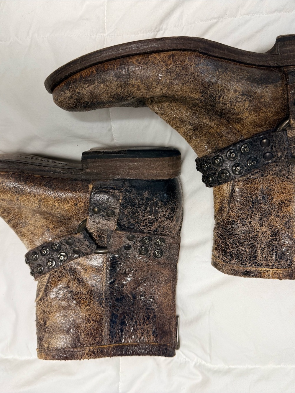 Frye Philip Moto Studded Distressed Brown Leather Ankle Boots - Picture 15 of 16